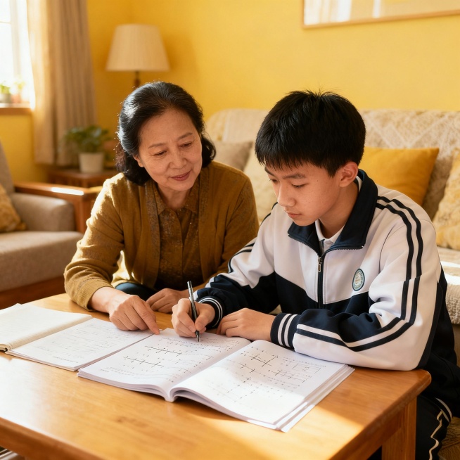 高中家长在辅导15岁的学生高中数学作业，孩子穿着校服，母子或母女，中国人面孔。帮我生成20张预览效果