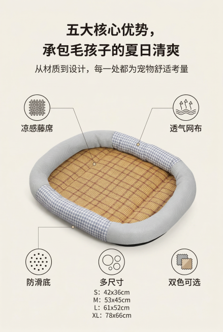 杂志风详情页，中央展示宠物窝，周围用图标+文字标注核心优势：「凉感藤席」「透气网布」「防滑底」「多尺寸」「双色可选」。主标题：「五大核心优势，承包毛孩子的夏日清爽」，副标题：「从材质到设计，每一处都为预览效果