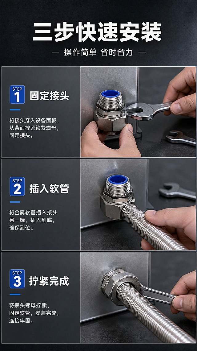 [商品] 使用【图1】DPJ外丝款接头，保留全部外观特征；配合金属软管、扳手工具展示安装过程。
[画面] 目标：安装步骤演示页。上中下三步纵向排列，每步含操作图+步骤说明；STEP1：将接头穿入设备面板并拧紧锁紧螺母；STEP2：金属软管插入接头另一端；STEP3：拧紧接头螺母完成固定；每步有手部动作和工具示意；整体为步骤演示型版式，清晰展示安装流程。
[视觉] 套系策略：风格=工业五金专业商业摄影风；标题字=粗黑无衬线工业字体；正文字=简洁无衬线体；主色=金属银灰+深灰；背景延展=深灰工作台面背景，三步区域用浅灰分区；强调色=科技蓝，仅用于步骤编号、重点标注；标题色=纯白/亮银；正文色=浅灰；组件=工业风步骤编号框、细实线分隔；光影=冷调工作台照明，清晰展示手部动作与接头安装状态。
[文字] 顶部主标题「三步快速安装」，副标题「操作简单 省时省力」；三步分别标注：STEP 1 固定接头 / STEP 2 插入软管 / STEP 3 拧紧完成；每步配简短操作说明；所有文字横排。
[规格] 图片比例9:16竖版，4K分辨率，负向提示：避免变形、错字、文字过小、产品结构改变、暖色调、卡通风格、模糊、极限词、平台Logo水印。
