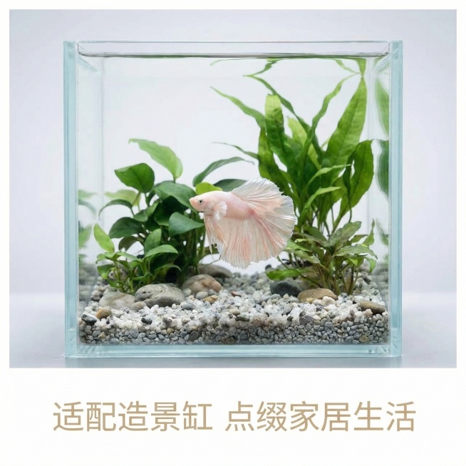[主图 6] 水族造景场景图
[氛围/风格] 自然清新，高级氛围感，干净通透。
[画面元素] 将透白泰国斗鱼融入小型成品水族造景缸中，背景点缀简约水草和砂石，营造自然真实的饲养环境，斗鱼自由游动，状态预览效果