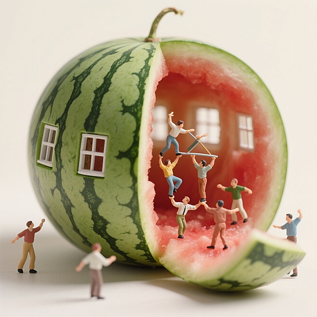 西瓜化身微型房屋，人物在内搭建，趣味微缩艺术风，超现实主义创意设计。