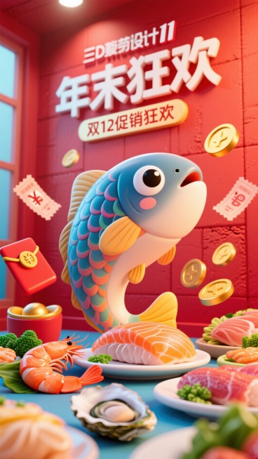 以卡通三文鱼刺身形象为核心，搭配生鲜美食，带有红包、优惠券、金币等促销元素，墙上有文字 年末狂欢，下面有设计感小字“双12促销狂欢”，以红色色调为主的双11促销氛围，海报长款比例为1:1预览效果