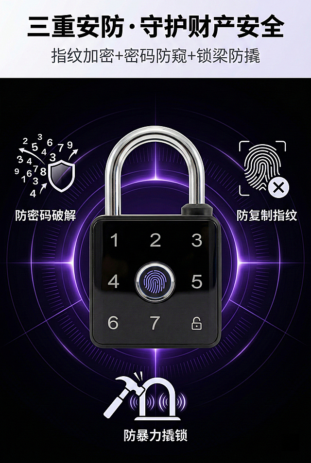 2:3竖屏，电商详情图，杂志风科技排版，安全性能可视化设计，整体风格统一。严格还原上传的产品图，包括包装设计、颜色、LOGO位置、文字内容、图案元素等所有细节；产品外观必须与参考图完全一致，不得改变包装设计、配色方案或品牌元素；保持产品的真实材质质感（哑光/高光/磨砂/金属等）。画面采用中心聚焦构图，产品居中特写，周围环绕极简的“防复制指纹”“防暴力撬锁”“防密码破解”三个可视化图标。主标题（画面顶部，加粗无衬线字体，黑色）：「三重安防·守护财产安全」，副标题（主标题下方，纤细无衬线字体，深灰）：「指纹加密+密码防窥+锁梁防撬」。产品哑光黑与金属锁梁质感清晰，背景为深空黑搭配紫色安防光效，中文文字统一为思源黑体无衬线字体，排版采用放射状布局，与中心产品呼应，科技感拉满。