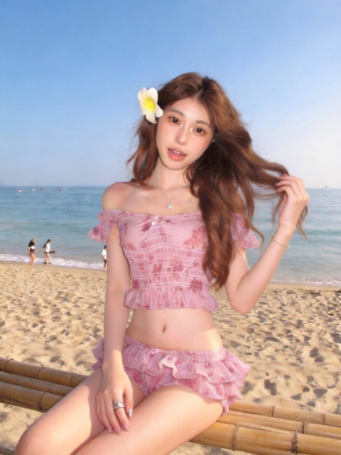 保持模特的粉色碎花露肩上衣和同系列短裤不变，更换不同的海边度假姿势预览效果