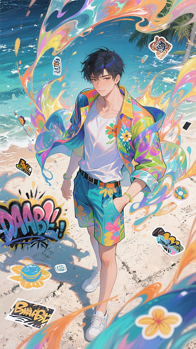 插画风夏日海滩，液态色彩斑斓，潮流清新，漫画元素点缀，活力四射。