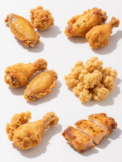 一组6个不同的炸鸡类食品，包括炸鸡翅、炸鸡腿、炸鸡翅根、炸鸡米花、炸全翅、炸鸡排，每个食品都呈现出金黄酥脆的外皮，表面有光泽和油润感，肉质鲜嫩多汁，带有明显的烤制纹理和香料颗粒，整齐地排列在白色背景上，整体风格为高清写实摄影，光线明亮，色彩饱和，突出食物的质感和美味，无任何文字和装饰元素。预览效果