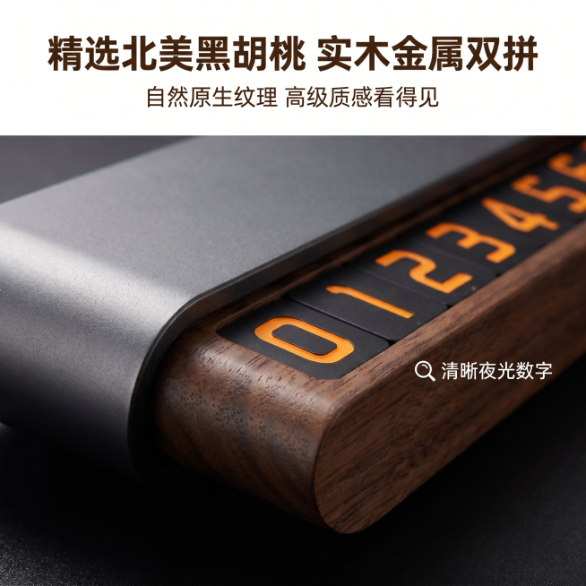 [主图 3] 材质细节特写展示图。
[氛围风格] 轻奢质感，真实材质呈现，高级细腻；
[画质] 商业摄影质感、光线柔和通透、产品清晰真实、画面干净高级，微距细节清晰可见。
[元素] 特写展示北美黑胡桃预览效果
