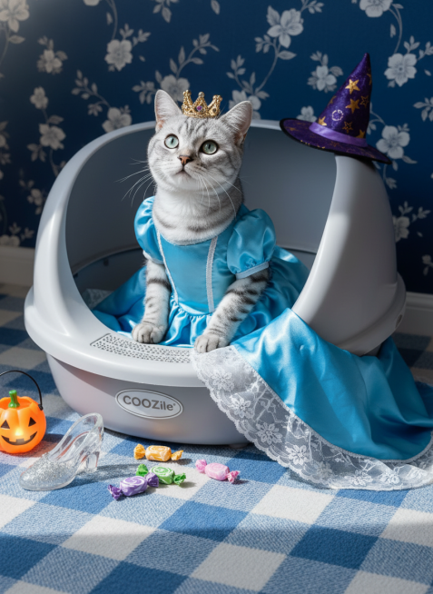 猫咪身着灰姑娘的裙子、头戴皇冠，慵懒窝在印有 “COOZZile” 标识的猫砂盆里面，猫砂盆边有一些糖果，旁置水晶鞋、南瓜灯、巫师帽等道具，深蓝碎花墙面背景，蓝白配色的格纹地毯预览效果