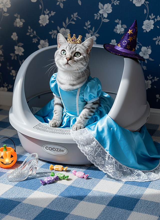 猫咪身着灰姑娘的裙子、头戴皇冠，慵懒窝在印有 “COOZZile” 标识的猫砂盆里面，猫砂盆边有一些糖果，旁置水晶鞋、南瓜灯、巫师帽等道具，深蓝碎花墙面背景，蓝白配色的格纹地毯