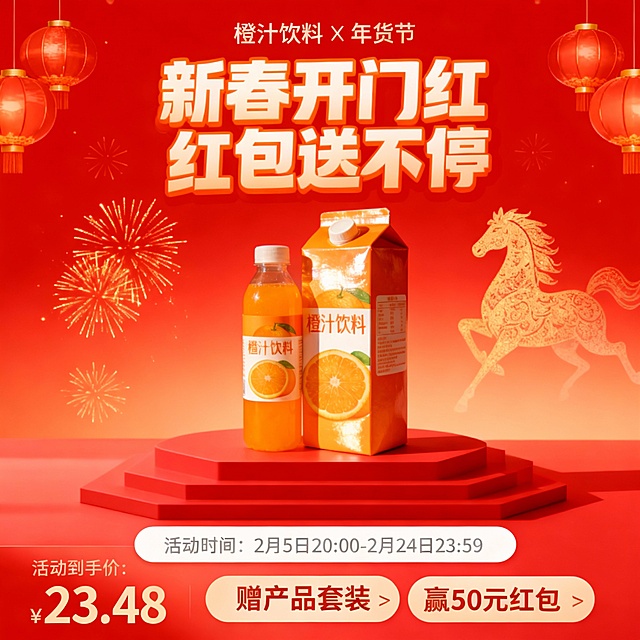 新春开门红电商促销背景海报，整体为高饱和度正红色渐变，底部有红色立体展示台，背景点缀金色烟花光效与悬挂的红色灯笼和半透明金色奔马纹样；顶部中央是“橙汁饮料 X 年货节”，主标题为橙白色渐变加粗字体：“新春开门红 红包送不停”；

底部白色圆角活动栏标注：“活动时间：2月5日20:00-2月24日23:59”；
左下角价格标签显示“活动到手价：¥23.48”，右边栏目促销信息：“赠产品套装”、“赢50元红包”