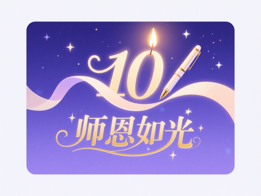 一支正在燃烧的蜡烛，烛火巧妙地变形为数字“10”，温暖的光芒照亮周围。烛身是一支精致的钢笔。背景是深邃而温柔的蓝紫色夜空，星光点点。烫金质感的艺术字体“师恩如光”在蜡烛下方展开，笔画中融入了微小的星辰预览效果