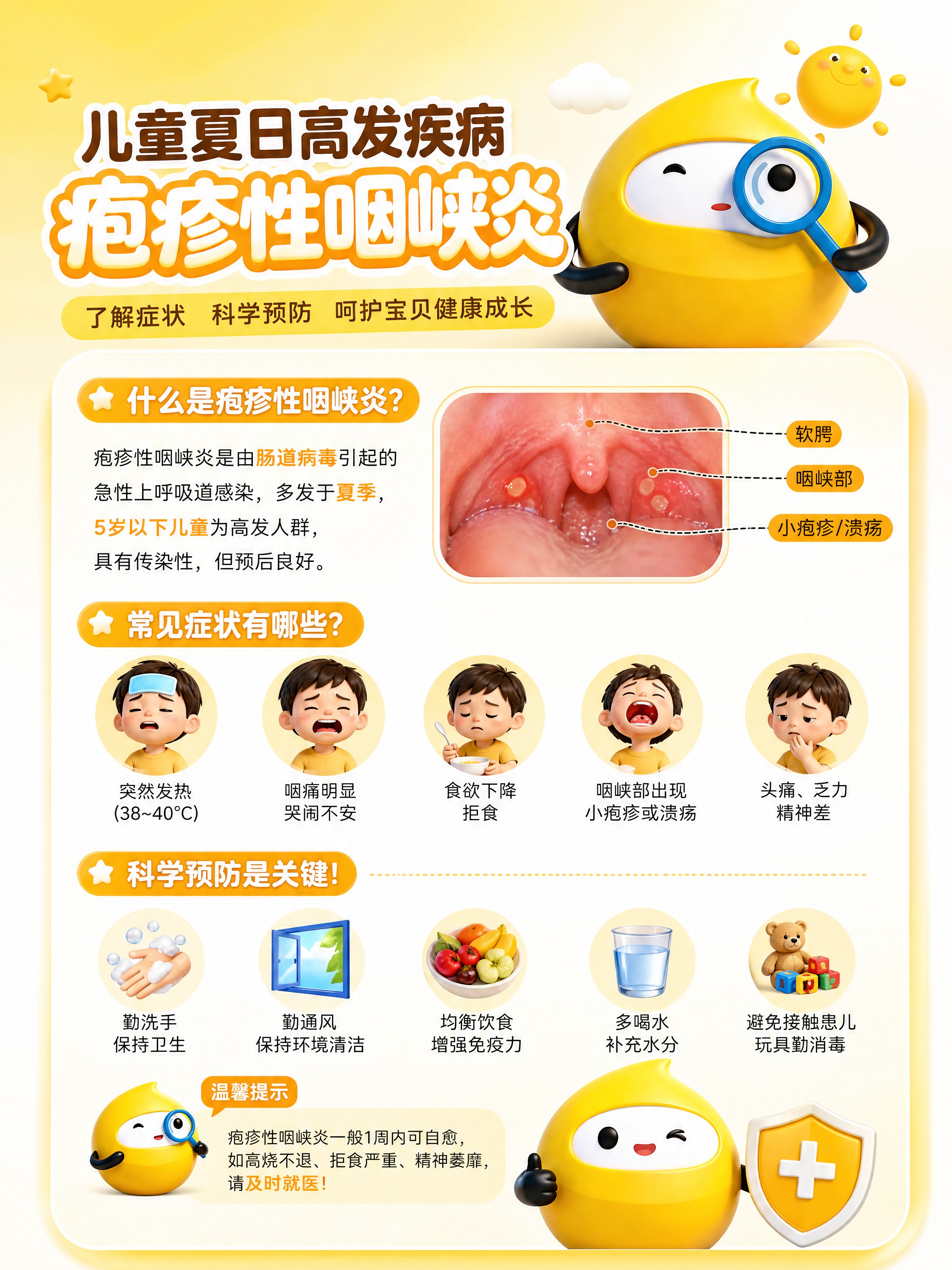 儿童夏日高发疾病疱疹性咽峡炎社群宣传海报设计，内容包含介绍疱疹… - 图片创意预览