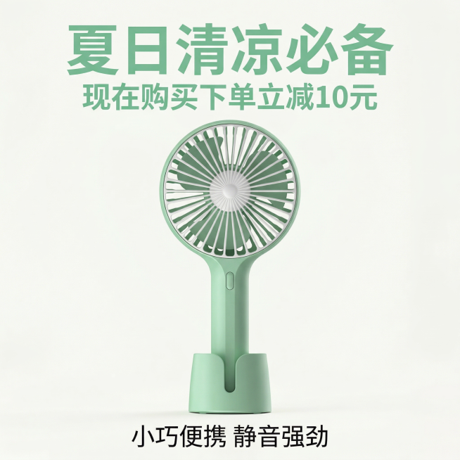 [主图主题] 浅绿色手持小风扇促销活动收尾
[氛围/风格] 清新简约促销氛围，干净明亮
[画面元素] 浅绿色手持小风扇居中放置，搭配赠送的底座，背景为干净浅纯色，整体画面干净整洁铺满全屏，产品外观和原预览效果
