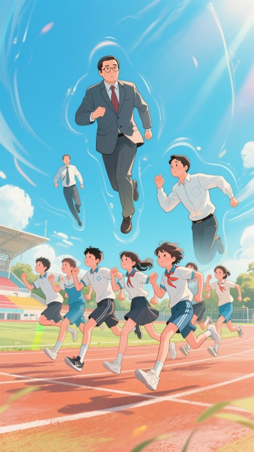 十个高中生少年少女在操场上，冲刺动作，周围漂浮着校长和班主任预览效果