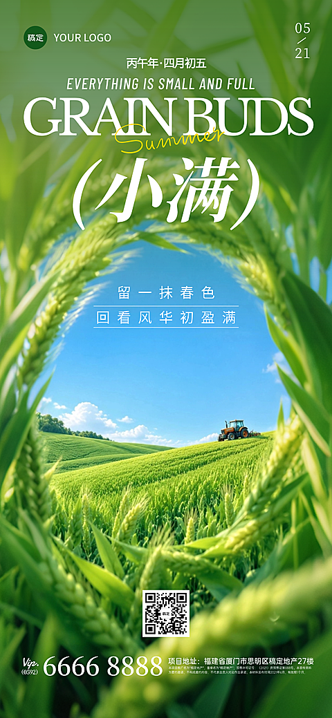 小满节气祝福问候清新摄影风麦田全屏海报