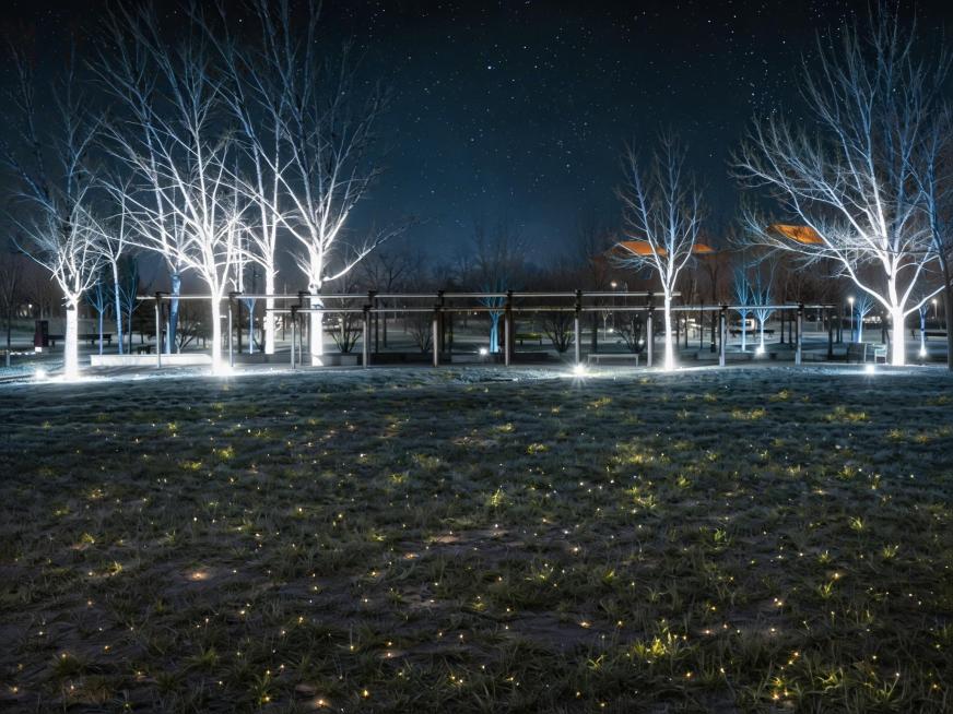 将图中照射树木的浅蓝色灯光替换为冷白色光，保持夜景星空、草地小灯、长廊结构等其他元素不变预览效果