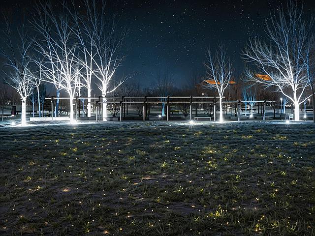 将图中照射树木的浅蓝色灯光替换为冷白色光，保持夜景星空、草地小灯、长廊结构等其他元素不变