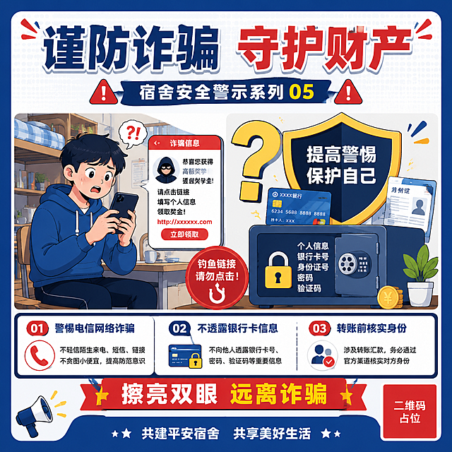 校园宿舍安全警示展板海报，扁平插画风格，1:1正方形构图。主题：防诈骗。画面顶部大标题文字"谨防诈骗 守护财产"，副标题"宿舍安全警示系列 05"。中部主视觉：宿舍里，一个学生看着手机上的诈骗信息，旁边有一个大大的问号和盾牌图标，银行卡和个人信息被锁在保险箱里，有钓鱼链接的警示符号。底部三条编号警示要点："01 警惕电信网络诈骗"、"02 不透露银行卡信息"、"03 转账前核实身份"。底部装饰文字"擦亮双眼 远离诈骗"。配色以深蓝色和红色为主色调，黄色辅助色，醒目警示风格，图文清晰易读，版式精美，四周留安全边距。画面中所有信息区域必须填充完整合理的内容，不得出现空白框。画面中所有二维码区域使用纯色方块占位符呈现，方块中央标注"二维码占位"文字，严禁生成任何可识别的二维码图案。