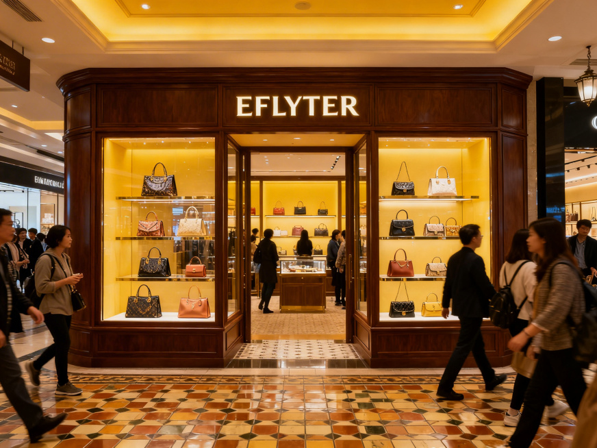 国内商场的EFLYTER品牌女包店铺，双开间或三开间，店面设计高级有质感，充满港式复古风格，橱窗内清晰陈列多款精致女包，店门口有很多中国人来往，氛围热闹有烟火气，整体呈现香港商圈店铺的特色韵味预览效果