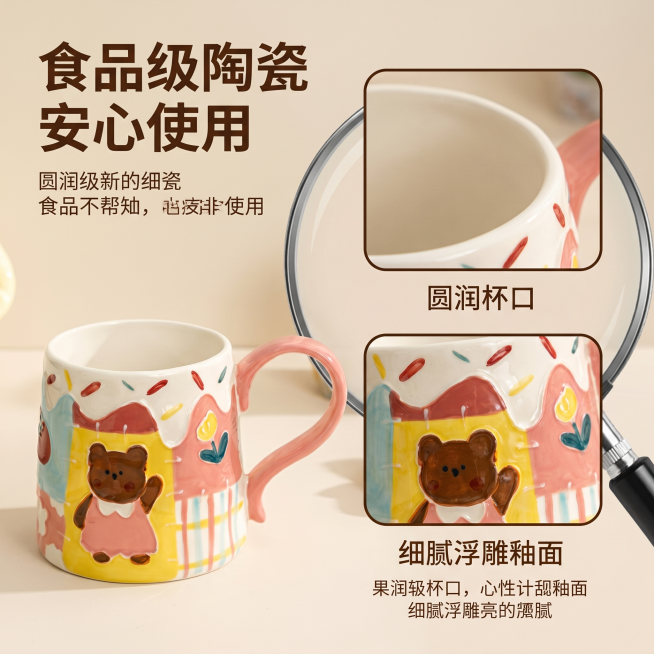 「图片1」，生成一套主图（5张）和一张详情页，商品名称是补丁童话马克杯，分别是春日拼布碎花杯、苹果拼布碎花杯和糖果屋小熊拼布碎花杯。卖点是耐高温、耐腐蚀，使用范围是微波炉、烤箱、消毒柜和洗碗机，容量4预览效果