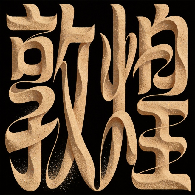 纯黑色背景，“敦煌”抽象字体由沙子构成，字体形态被波浪线条解构重塑，与曲线相互缠绕、渗透，表面带有细腻沙砾质感预览效果