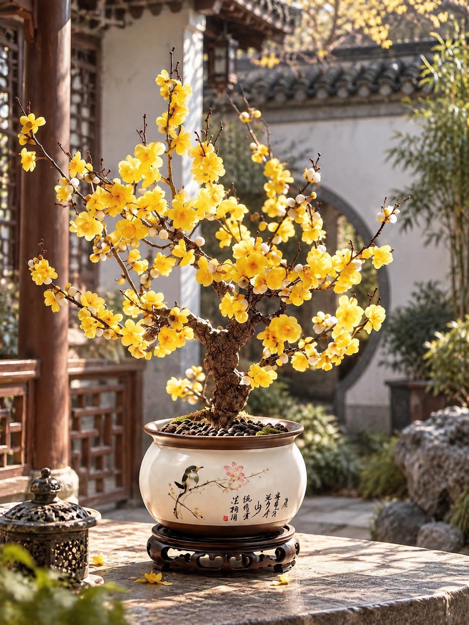 将背景替换为中式庭院场景，保留腊梅盆栽主体和花盆不变，画面自然… - 图片创意预览