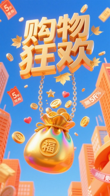 “购物狂欢”主题大字呈放射性向屏幕前喷涌而来，鎏金立体感强烈，字上有一些银杏叶点缀。下面是金属链条挂着大大的炫彩金福袋，福袋口溢出满满金币 。无数星星、爱心和钱币等元素。荧光橙色城市背景，极端的仰视角预览效果