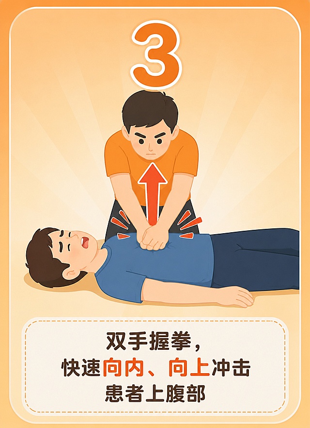 急救科普游戏卡片设计，扁平插画风格，简洁清新。画面展示施救者双手握拳，在患者腹部快速向内向上冲击，带有力量感的箭头指示方向。顶部有大号文字"3"，底部有中文文字"双手握拳，快速向内、向上冲击患者上腹部"。背景为浅橙色渐变，整体风格适合全年龄段科普教育，卡片版式竖版