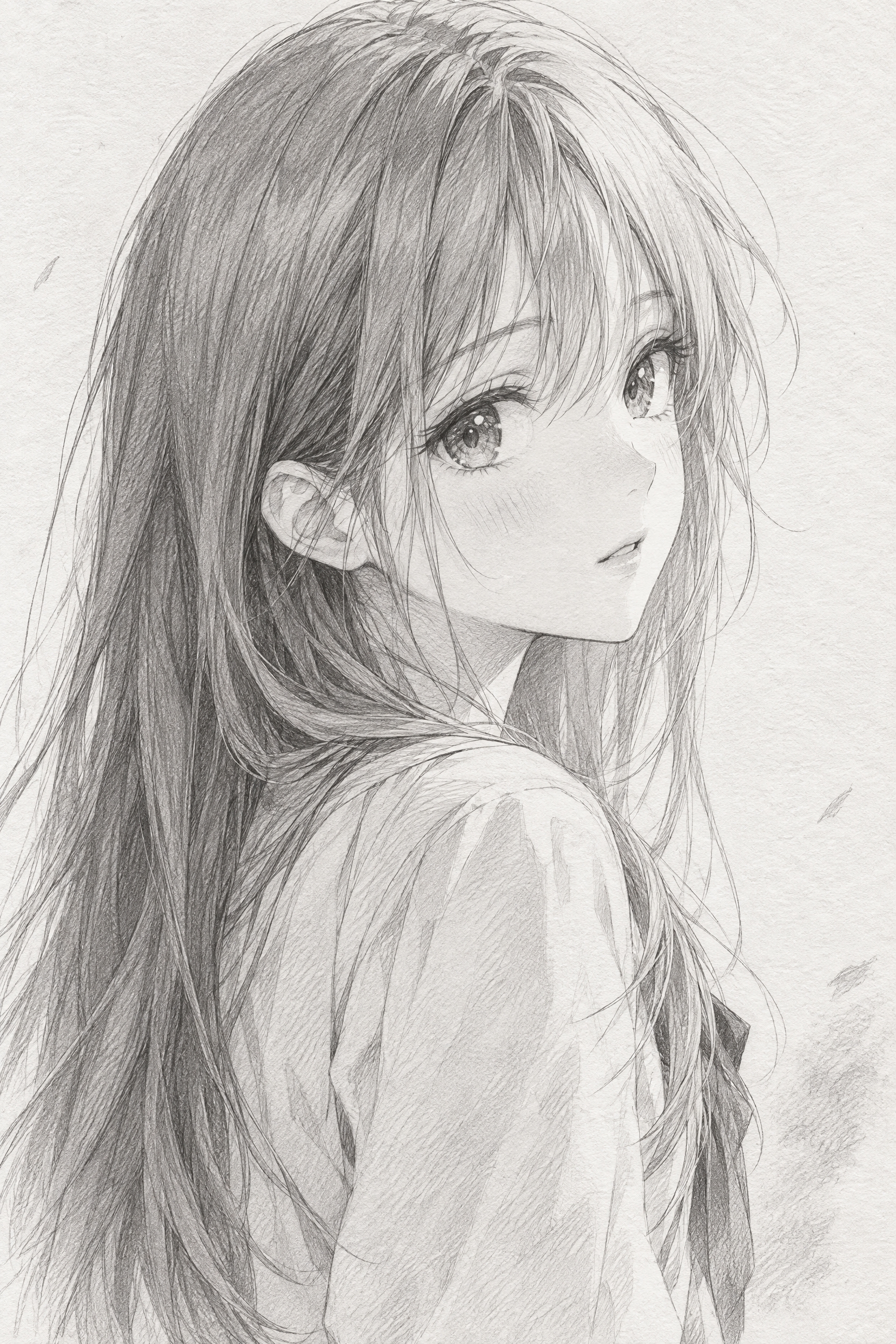 动漫素描图：以铅笔素描手绘风格绘制的动漫少女半身像，侧脸微微回… - 图片创意预览