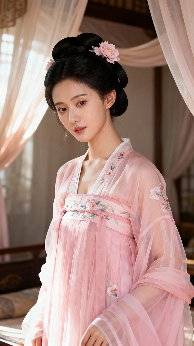 古典中式美学，工笔风刺绣点缀柔纱华服，清透梦幻中透出优雅复古韵味，宛如春日画卷中的婉约佳人。