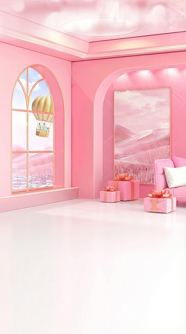 去除图片中的人物、产品和文字，保留并提取地面，搭建完整的粉色室内场景背景