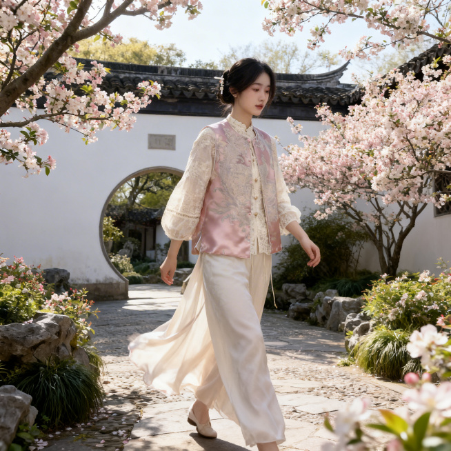 基于原图保留这件新中式服饰：粉色缎面提花马甲搭配米白色蕾丝内搭，保留服装版型和提花细节，生成电商主图，模特为清冷感淡颜系女生，低盘发搭配玉簪，场景为春日园林，白墙黛瓦海棠花环绕，上午9-10点柔光，模预览效果