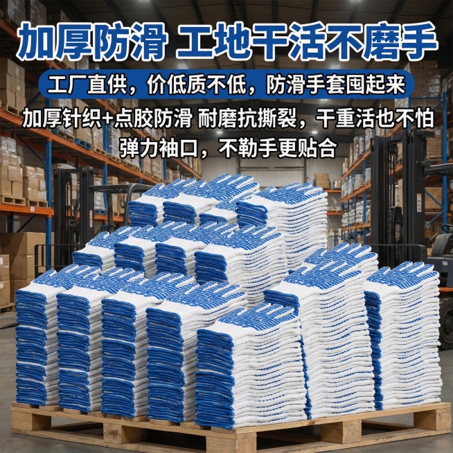 我是在拼多多卖手套的 帮我做10张主图 文案可写加厚防滑  工地干活不磨手 工厂直供，价低质不低，防滑手套囤起来 加厚针织+点胶防滑 耐磨抗撕裂，干重活也不怕 弹力袖口，不勒手更贴合 看着图片大气一点预览效果