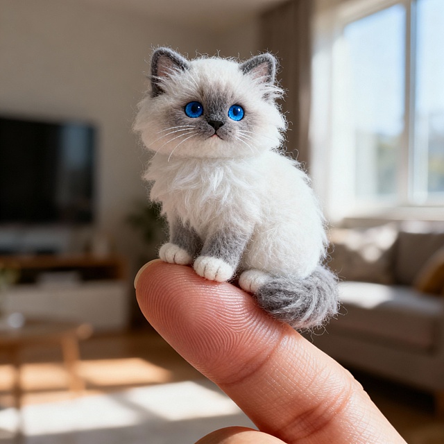 A macro photography shot of an impossibly tiny, fluffy Ragdoll kitten sitting comfortably on the tip of a human thumb. The kitten is about the size of a marble, with striking blue eyes and soft white-grey fur. Every strand of fur is visible. The human thumb has realistic skin texture and fingerprints. Natural soft sunlight from a window, beautiful bokeh background of a cozy living room. Hyper-realistic, 8k resolution, cinematic lighting, highly detailed textures.