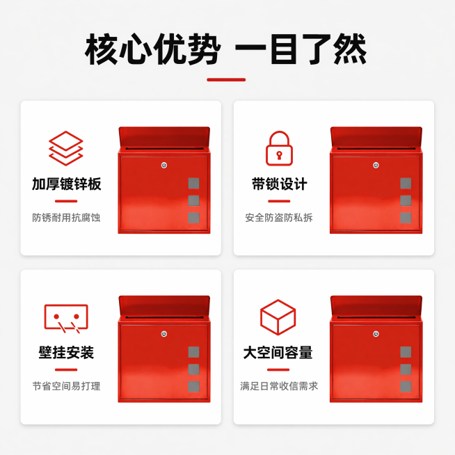 [第2屏] 核心卖点总览页-红色镀锌板信箱。本屏使用【图1】产品特征进行设计，延续上屏风格配色。
[氛围/风格] 简约商务风，干净浅灰背景，清晰信息布局，专业五金产品质感。
[元素布局] 顶部放置主标预览效果