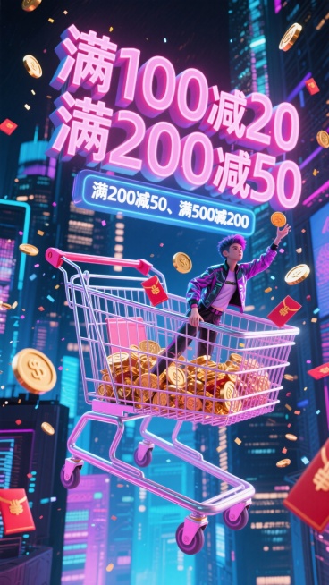 双11大促，一个巨大的透明购物车悬浮在未来都市的空中，内部装满金币和飞舞的红包，霓虹灯字体显示“满100减20、满200减50、满500减200”，一个时尚的赛博朋克风格人物正从购物车中探出身来，向观预览效果