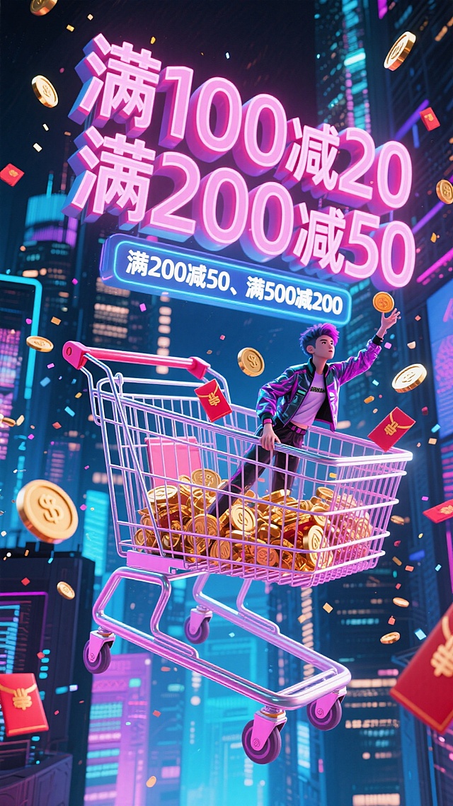 赛博朋克风3D海报，霓虹灯辉映未来都市，购物车满载金币腾空而起，大字促销信息炫酷夺目，粒子特效与虚拟现实元素交织，营造梦幻科技感购物狂欢。