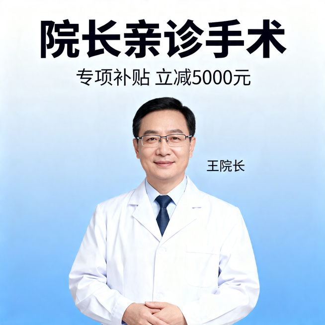 一张800*800像素的医疗宣传图，包含主标题“院长亲诊手术”，副标题“专项补贴 立减5000元”，图片中插入一位专业的王院长男性人物形象，整体风格专业正式预览效果