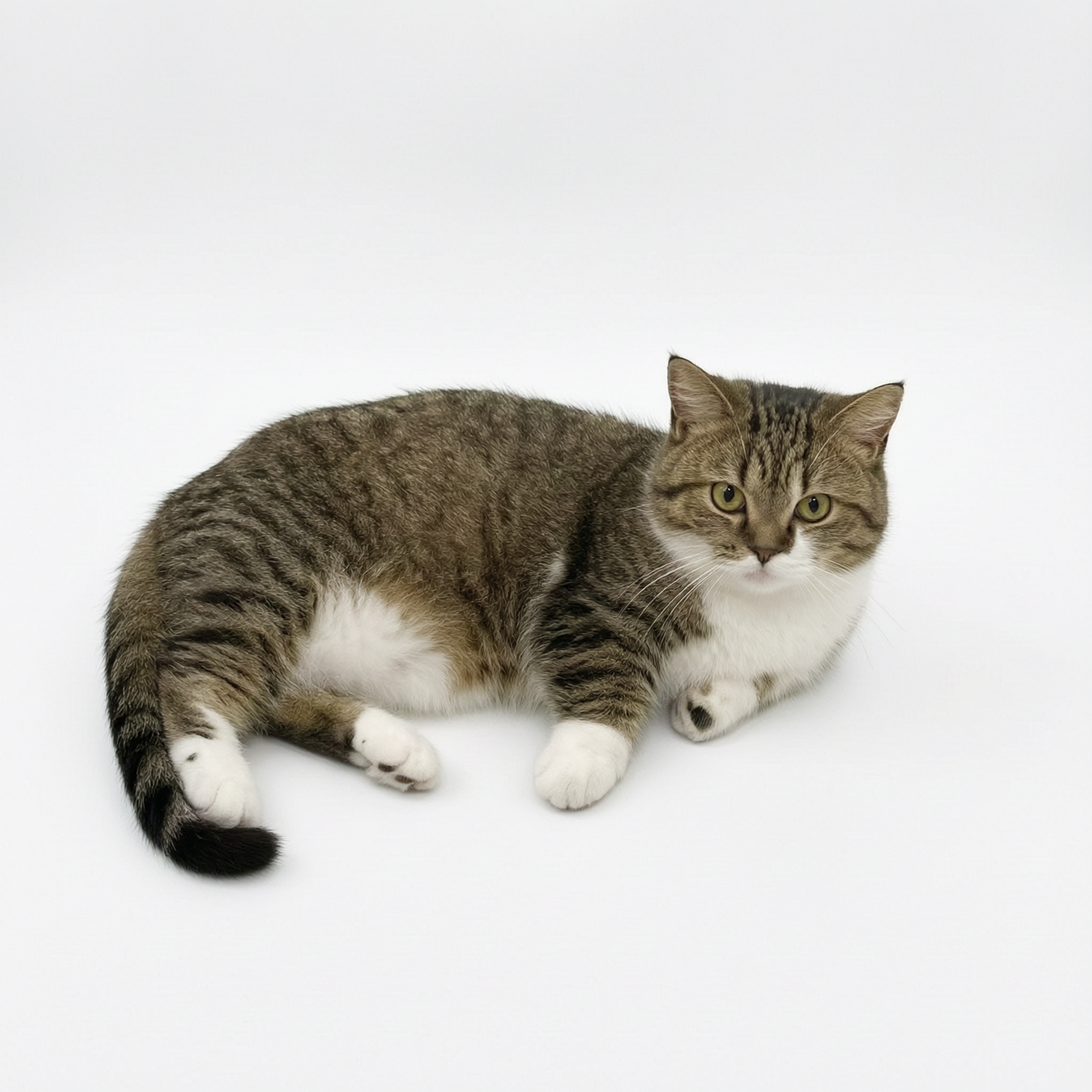 对图中的猫咪进行精修，保持猫咪的角度和姿态不变，背景替换为纯白… - 图片创意预览