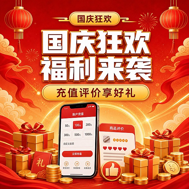 参考这张公众号封面图的风格基准（中国红到暖金渐变背景、白色粗黑标题字带金色描边、金色烟花与祥云、国庆红飘带、金粉光点、灯笼、现代国潮扁平插画、干净的版式），生成一张**正方形 1:1 微信公众号封面图**，严格复用与参考图一致的配色、字体风格与装饰体系。版式：上方居中为胶囊小标签『国庆狂欢』，中部居中为主标题『国庆狂欢福利来袭』（白色粗黑大字，两行排布，带金色描边），下方为金色圆角标签副标题『充值评价享好礼』；画面下半部居中绘制智能手机与充值界面、评价卡片与点赞图标，两侧配金色礼盒与金币堆叠，背景带柔和金色光圈。四边留出安全边距，文字清晰可读。画面中必须完整呈现以下文字信息：『国庆狂欢』、『国庆狂欢福利来袭』、『充值评价享好礼』。画面中不得出现任何五角星或星形图案，不得出现二维码图案与二维码占位方块，不得出现天安门等建筑元素。画面中所有信息区域必须填充完整合理的内容，不得出现空白框、空白占位或待填写区域。