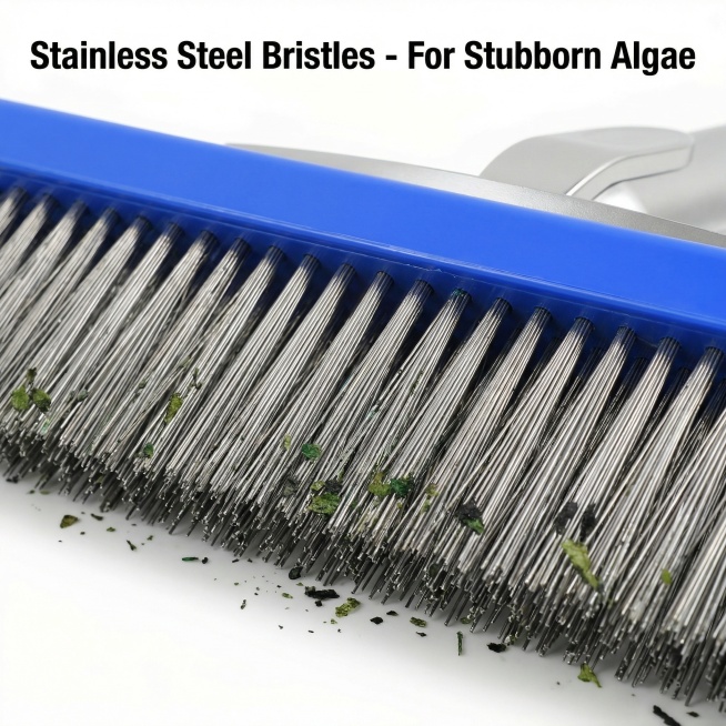 Macro close-up shot of the stainless steel bristles on pool brush. Show dense straight metallic bris预览效果