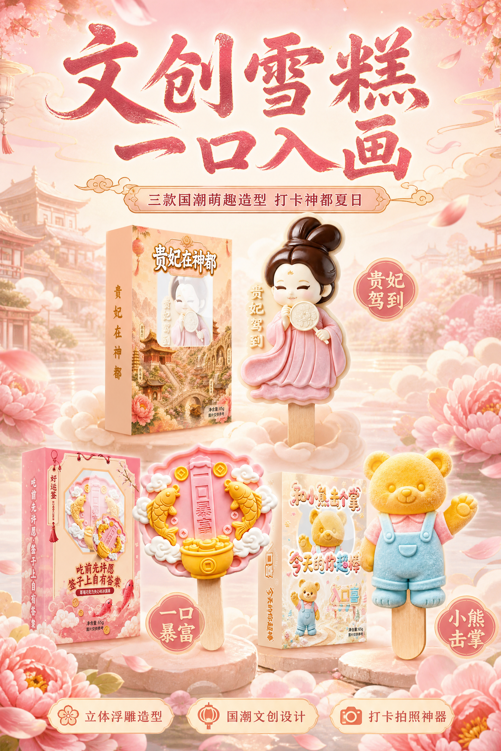 国潮文创雪糕多产品营销海报，竖版2:3展板，画面中三款文创雪糕… - 图片创意预览