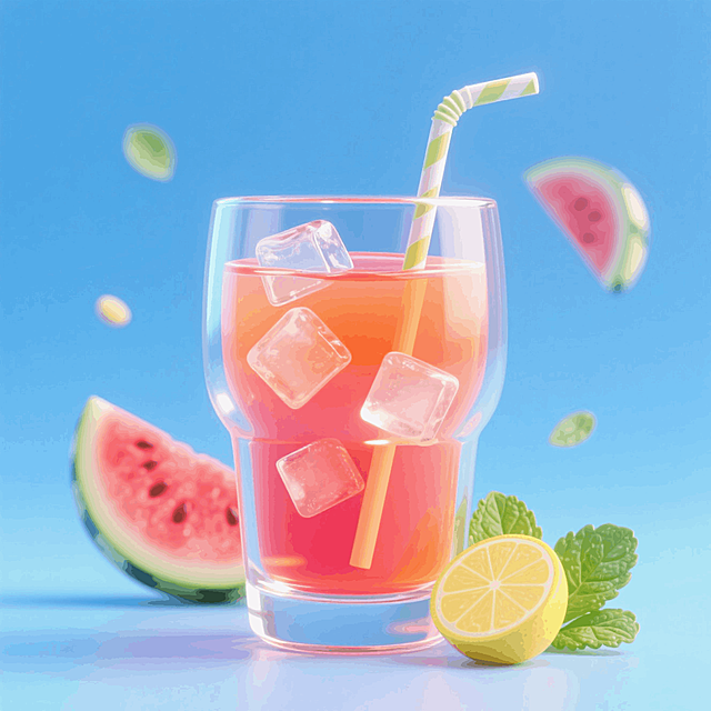 主体是一个透明玻璃杯，里面装有果汁、冰块和一根吸管。周围漂浮着西瓜片、柠檬和薄荷叶。背景是渐变的海蓝色。