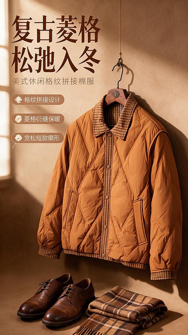 [商品] 使用【图1】焦糖棕复古格纹拼接翻领棉服夹克；商品处理：保留翻领、格纹拼接领边门襟袖口、按扣开襟、菱格衍缝、插袋、宽松短款廓形、焦糖棕主色和尼龙面料质感；自然去除衣身杂乱褶皱，理顺版型线条，增强面料纹理、缝线、按扣五金质感，不改变版型和结构。
[画面] 目标：复古美式休闲风格头图海报，突出棉服全貌与穿搭氛围；构图：左文右图竖版布局，右侧棉服占画面60%，呈微侧角度悬挂于复古木质衣架上，左侧留白放文案；前景点缀复古皮鞋、格纹围巾道具，中景棉服主体，后景暖棕色渐变肌理墙面+柔和窗光，营造秋冬温暖氛围感。
[视觉] 套系策略：风格=复古美式休闲高级商业摄影；标题字=复古衬线粗体；正文字=简洁无衬线体；主色=焦糖棕；背景延展=基于焦糖棕做深浅层级、同色渐变和细腻纸张/织物质感；强调色=奶白色，仅用于小面积图标、引线和标签；标题色=深棕褐色；正文色=暖棕灰；组件=圆角浅棕信息卡、细线引线、复古标签；光影=左前侧暖柔光，柔和阴影。
[文字] 左上区域主标题"复古菱格 松弛入冬"，副标题"美式休闲格纹拼接棉服"，下方3个短卖点：「格纹拼接设计」「菱格衍缝保暖」「宽松短款廓形」；文字横向排版，层级清晰，不遮挡棉服主体。
[规格] 图片比例9:16竖版，2K分辨率，避免变形、错字、文字过小、冷蓝背景、衣服颜色改变、版型失真、白底孤立。