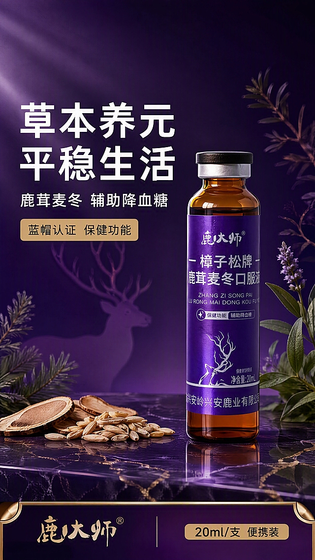 [第1张] 详情页头图主视觉 - 鹿大师樟子松牌鹿茸麦冬口服液产品全貌海报。本张使用【图1】作为商品主体。
[氛围/风格] 高端保健品海报风，深紫色渐变背景，金棕色点缀，沉稳大气，商业摄影级质感，草本养生与现代科技感结合。
[元素布局] 口服液瓶置于画面中央偏右，占比约55%-60%，瓶身直立，琥珀色玻璃瓶身配黑色瓶盖+银色铝封，紫色标签文字清晰完整；左侧留大面积标题区；底部为深紫色大理石质感台面；背景有淡淡的鹿茸鹿角剪影和草本植物叶片装饰，营造自然养生氛围；产品物理结构、比例轮廓、颜色材质与输入产品图完全一致。
[光影质感] 左上方45°柔光主光源，右侧辅光补光，瓶身玻璃通透有高光反射，底部自然投影，整体光影层次丰富，突出产品高端质感。
[配色色系] 全局底色 #2D0C5E 深紫渐变；主色深紫 #4A148C + 金棕 #B8860B；辅助色白色文字、银色高光点缀。
[视角构图] 正面微仰视，产品为视觉中心，阅读动线左上标题 → 中央产品 → 底部信息条。
[文字版式] 版式为左侧标题 + 右侧产品 + 底部信息条。主标题「草本养元 平稳生活」，副标题「鹿茸麦冬 辅助降血糖」，两行白色黑体字左对齐，主标题字号大；标题下方小字「蓝帽认证 保健功能」金色底纹标签；底部左侧品牌名「鹿大师」，右侧标注「20ml/支 便携装」；文字不遮挡瓶身主体。
[比例分辨率] 9:16 竖版比例，4K 分辨率，文字清晰可辨，高清画质。
[负向提示词] 瓶身变形，缺件错件，颜色偏差，标签文字错乱，水印，文字过小，产品图模糊，背景杂乱，极限词。