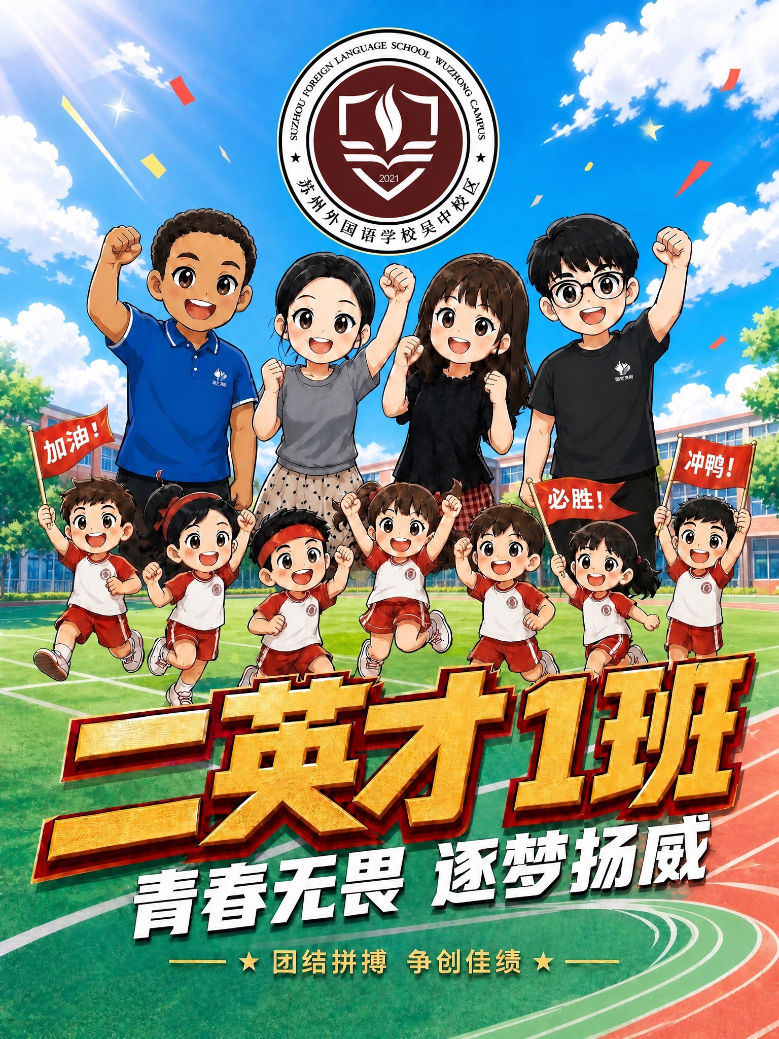 将画面顶部中央的学校校徽替换为清晰的高清版本，校徽图案完全保持… - 图片创意预览