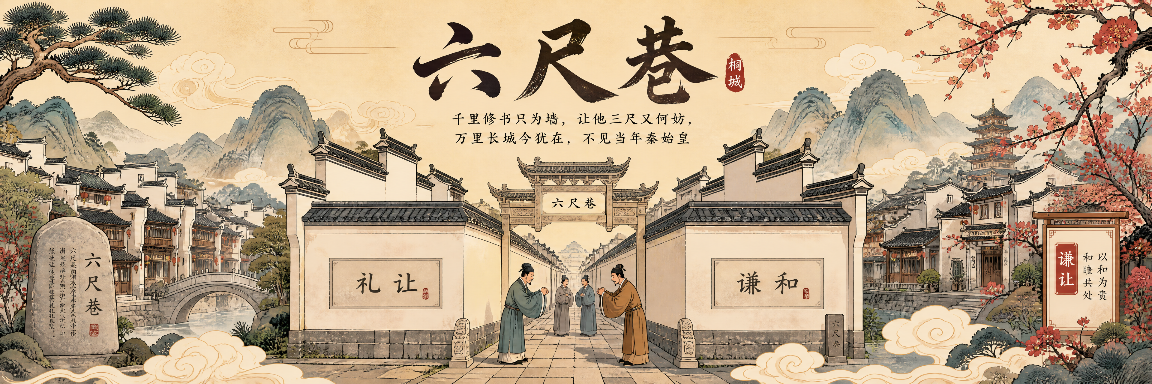 六尺巷主题宣传墙插画，中国风国潮插画风格，超宽幅横版构图。画面… - 图片创意预览