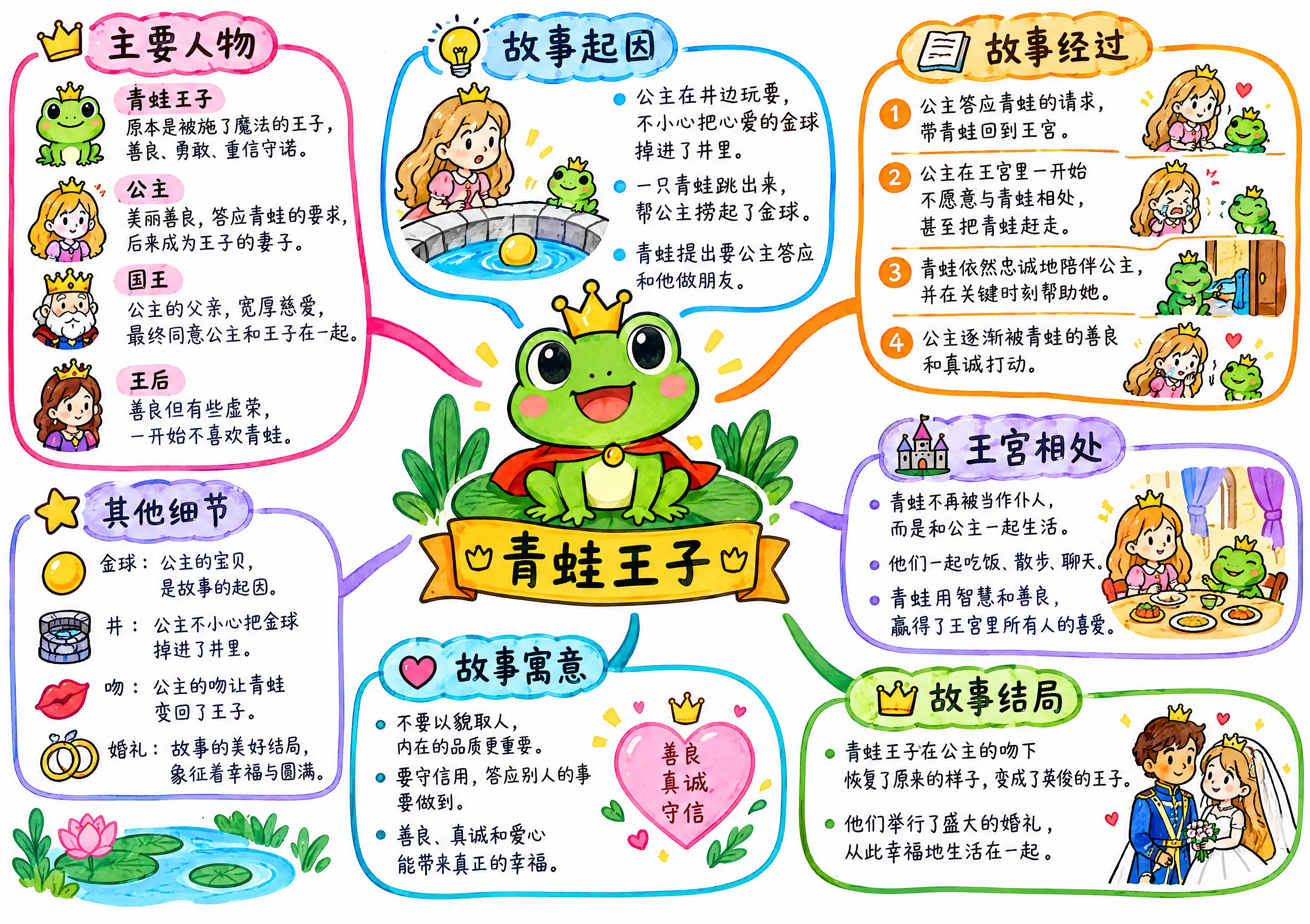 青蛙王子童话思维导图，马克笔手绘风格，白色背景，童趣可爱的线条… - 图片创意预览