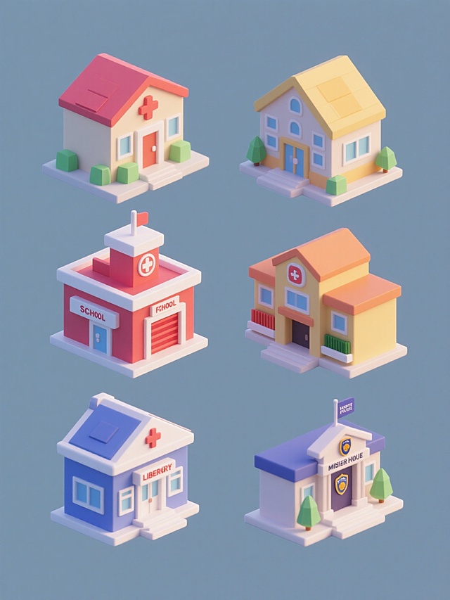 一系列6个不同的3D卡通风格建筑图标，保持统一的低多边形设计、圆润边角、明快纯色、简洁造型和轻微高光质感，每个建筑代表不同公共设施类别（如医院、学校、消防站、图书馆、警察局、市政厅），采用变换的整体色彩方案（每套建筑有独特的主色调与辅助色组合），所有图标规整排列在纯色背景上，构图平衡对称，细节简化，视觉风格高度统一。
