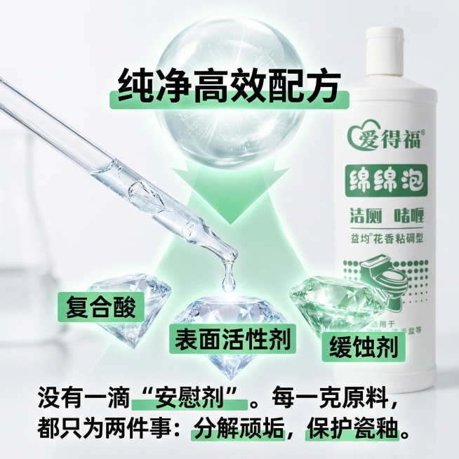 图1：【封面图】重新定义品类

视觉： 您的产品瓶身以实验室风格呈现，背景是精密的化学仪器或纯净的晶体。旁边放置一个被划上红色“×”的普通彩色洁厕灵瓶子。

文案： “市面99%的洁厕灵，都是稀释品。预览效果